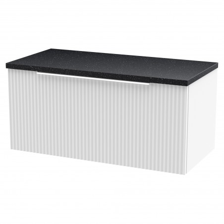 Fluted Satin White 800mm Wall Hung Single Drawer Vanity & Black Sparkle Laminate Worktop