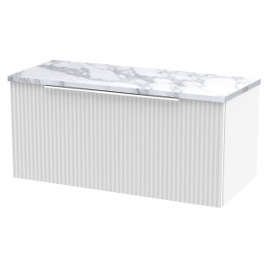 Fluted 800mm Wall Hung 1 Drawer Vanity With Carrera Marble Laminate Worktop - Satin White