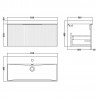 Fluted Satin Grey 800mm Wall Hung Single Drawer Vanity & Thin-Edge Ceramic Basin - Technical Drawing