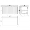 Fluted Satin Grey 800mm Wall Hung Single Drawer Vanity & White Sparkle Laminate Worktop - Technical Drawing