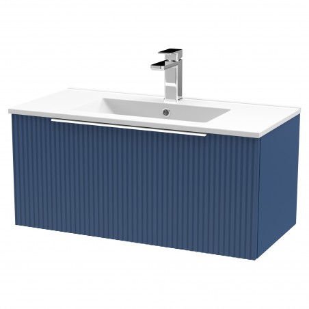 Fluted Satin Blue 800mm Wall Hung Single Drawer Vanity & Minimalist Ceramic Basin