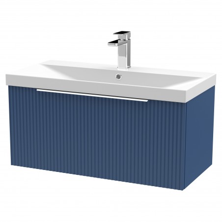 Fluted Satin Blue 800mm Wall Hung Single Drawer Vanity & Thin-Edge Ceramic Basin