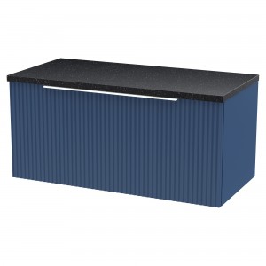 Fluted Satin Blue 800mm Wall Hung Single Drawer Vanity & Black Sparkle Laminate Worktop