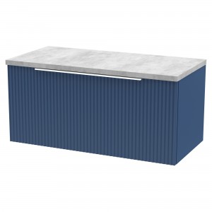 Fluted Satin Blue 800mm Wall Hung Single Drawer Vanity & Bellato Grey Laminate Worktop