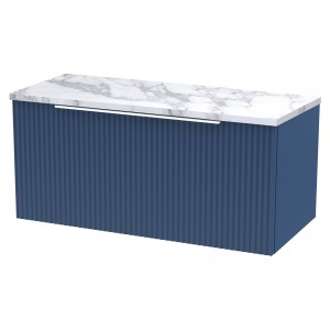 Fluted 800mm Wall Hung 1 Drawer Vanity With Carrera Marble Laminate Worktop - Satin Blue