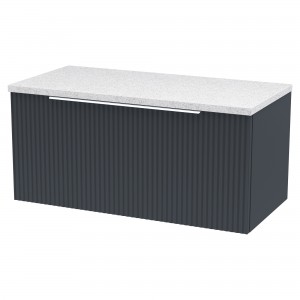 Fluted 800mm Wall Hung Single Drawer Vanity & White Sparkle Laminate Worktop - Soft Black
