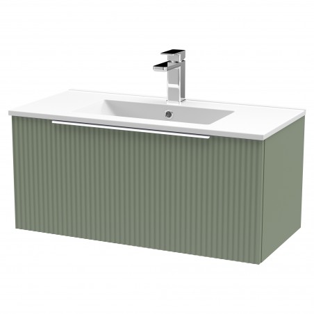 Fluted Satin Green 800mm Wall Hung Single Drawer Vanity & Minimalist Ceramic Basin