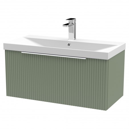 Fluted Satin Green 800mm Wall Hung Single Drawer Vanity & Thin-Edge Ceramic Basin