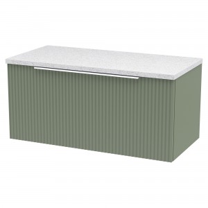 Fluted Satin Green 800mm Wall Hung Single Drawer Vanity & White Sparkle Laminate Worktop
