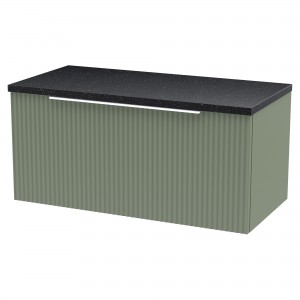 Fluted Satin Green 800mm Wall Hung Single Drawer Vanity & Black Sparkle Laminate Worktop