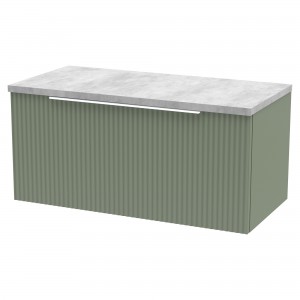 Fluted Satin Green 800mm Wall Hung Single Drawer Vanity & Bellato Grey Laminate Worktop