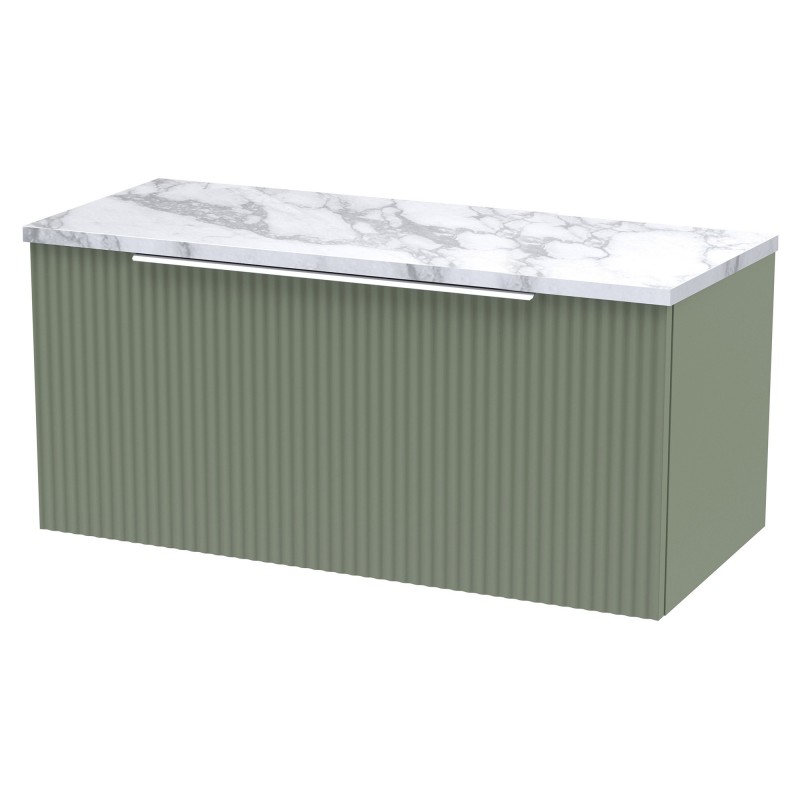Fluted 800mm Wall Hung 1 Drawer Vanity With Carrera Marble Laminate Worktop - Satin Green
