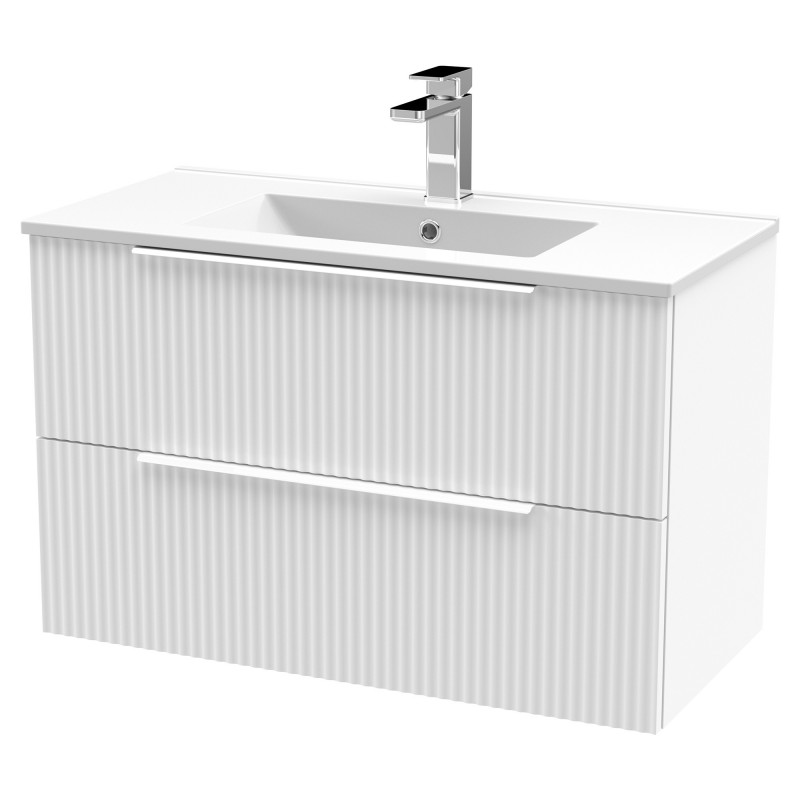 Fluted Satin White 800mm Wall Hung 2 Drawer Vanity & Minimalist Ceramic Basin