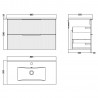 Fluted Satin White 800mm Wall Hung 2 Drawer Vanity & Minimalist Ceramic Basin - Technical Drawing