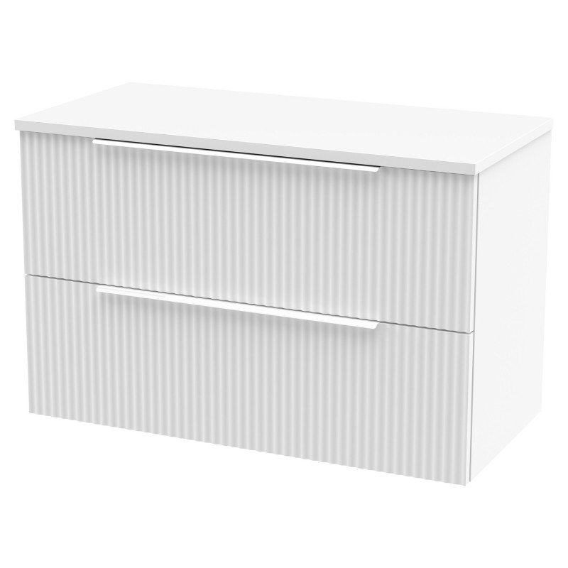 Fluted Satin White 800mm Wall Hung 2 Drawer Vanity & Worktop