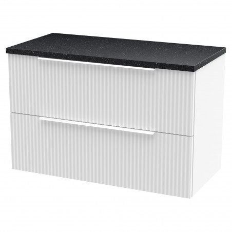 Fluted Satin White 800mm Wall Hung 2 Drawer Vanity & Black Sparkle Laminate Worktop