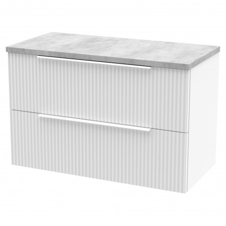 Fluted Satin White 800mm Wall Hung 2 Drawer Vanity & Bellato Grey Laminate Worktop