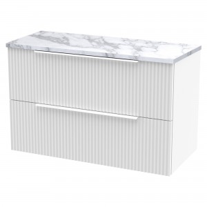 Fluted 800mm Wall Hung 2 Drawer Vanity With Carrera Marble Laminate Worktop - Satin White