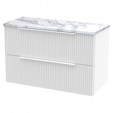 Fluted 800mm Wall Hung 2 Drawer Vanity With Carrera Marble Laminate Worktop - Satin White