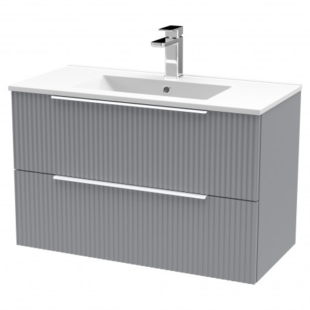 Fluted Satin Grey 800mm Wall Hung 2 Drawer Vanity & Minimalist Ceramic Basin