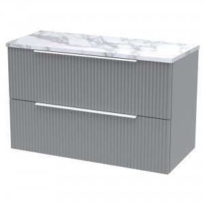 Fluted 800mm Wall Hung 2 Drawer Vanity With Carrera Marble Laminate Worktop - Satin Grey
