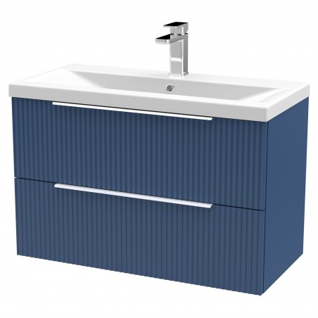 Fluted Satin Blue 800mm Wall Hung 2 Drawer Vanity & Mid-Edge Ceramic Basin