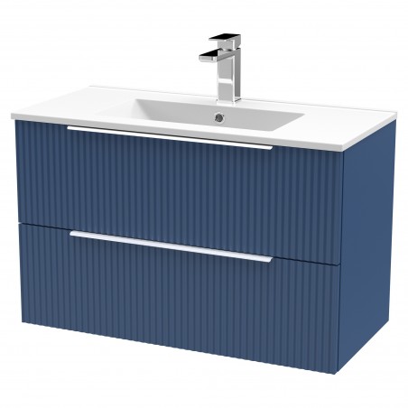 Fluted Satin Blue 800mm Wall Hung 2 Drawer Vanity & Minimalist Ceramic Basin