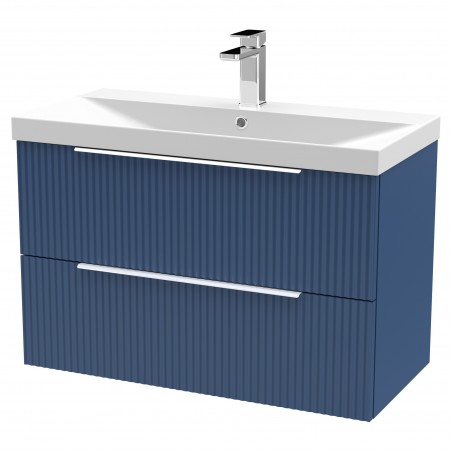 Fluted Satin Blue 800mm Wall Hung 2 Drawer Vanity & Thin-Edge Ceramic Basin