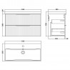 Fluted Satin Blue 800mm Wall Hung 2 Drawer Vanity & Thin-Edge Ceramic Basin - Technical Drawing