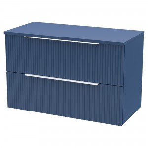 Fluted Satin Blue 800mm Wall Hung 2 Drawer Vanity & Worktop