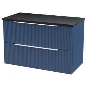 Fluted Satin Blue 800mm Wall Hung 2 Drawer Vanity & Black Sparkle Laminate Worktop