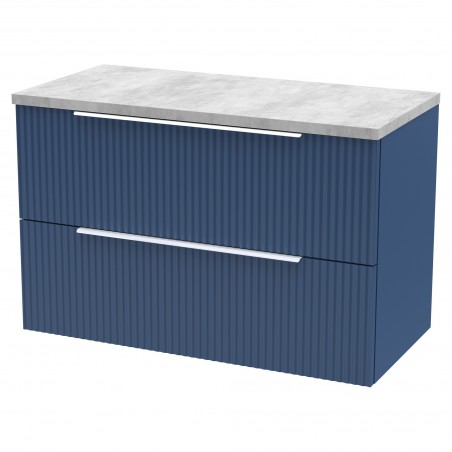 Fluted Satin Blue 800mm Wall Hung 2 Drawer Vanity & Bellato Grey Laminate Worktop