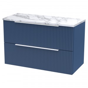 Fluted 800mm Wall Hung 2 Drawer Vanity With Carrera Marble Laminate Worktop - Satin Blue
