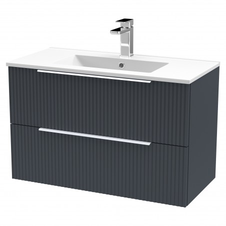 Fluted 800mm Wall Hung 2 Drawer Vanity & Minimalist Ceramic Basin - Soft Black