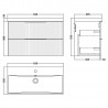 Fluted 800mm Wall Hung 2 Drawer Vanity & Thin-Edge Ceramic Basin - Soft Black - Technical Drawing