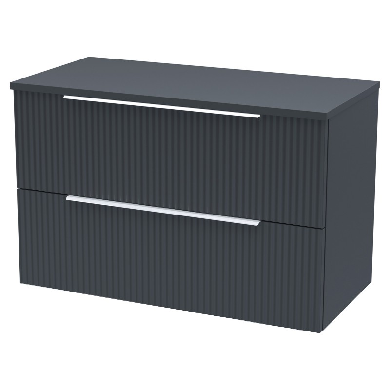 Fluted 800mm Wall Hung 2 Drawer Vanity & Worktop - Soft Black