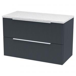Fluted 800mm Wall Hung 2 Drawer Vanity & White Sparkle Laminate Worktop - Soft Black