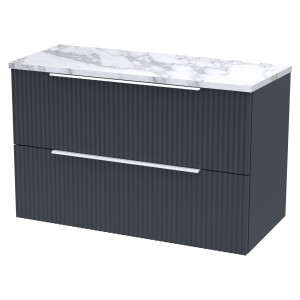 Fluted 800mm Wall Hung 2 Drawer Vanity With Carrera Marble Laminate Worktop - Soft Black
