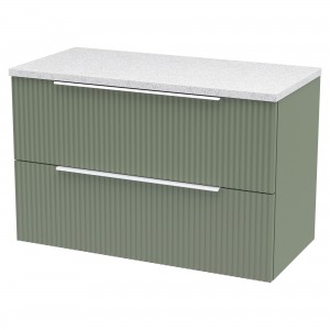 Fluted Satin Green 800mm Wall Hung 2 Drawer Vanity & White Sparkle Laminate Worktop