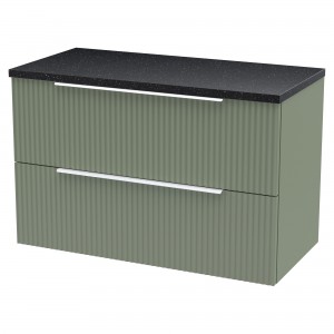 Fluted Satin Green 800mm Wall Hung 2 Drawer Vanity & Black Sparkle Laminate Worktop