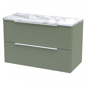 Fluted 800mm Wall Hung 2 Drawer Vanity With Carrera Marble Laminate Worktop - Satin Green