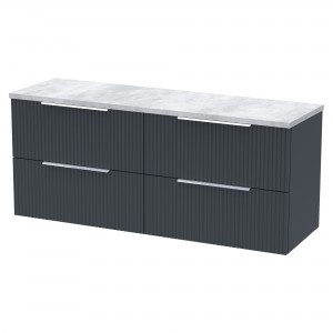 Fluted 1200mm Wall Hung 4 Drawer Vanity With Bellato Grey Laminate Worktop - Soft Black