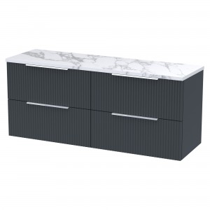 Fluted 1200mm Wall Hung 4 Drawer Vanity With Carrera Marble Laminate Worktop - Soft Black