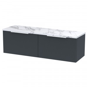 Fluted 1200mm Wall Hung 2 Drawer Vanity With Carrera Marble Laminate Worktop - Soft Black