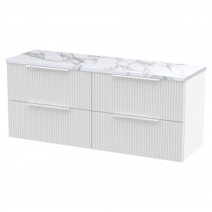 Fluted 1200mm Wall Hung 4 Drawer Vanity With Carrera Marble Laminate Worktop - Satin White