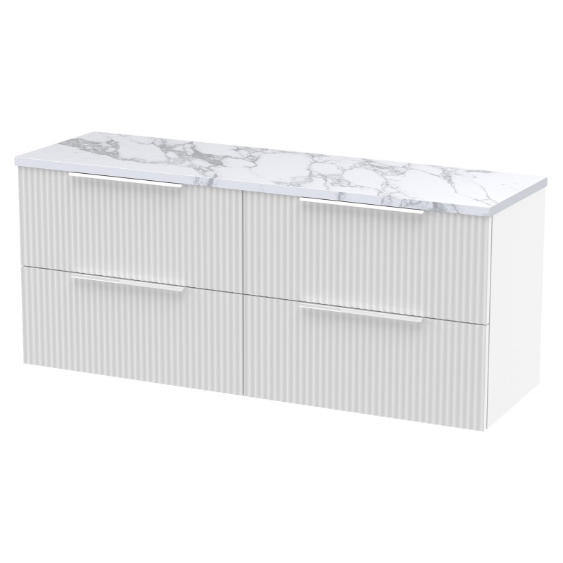 Fluted 1200mm Wall Hung 4 Drawer Vanity With Carrera Marble Laminate Worktop - Satin White