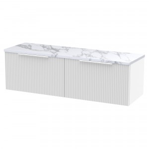 Fluted 1200mm Wall Hung 2 Drawer Vanity With Carrera Marble Laminate Worktop - Satin White