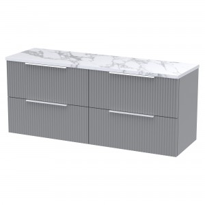 Fluted 1200mm Wall Hung 4 Drawer Vanity With Carrera Marble Laminate Worktop - Satin Grey
