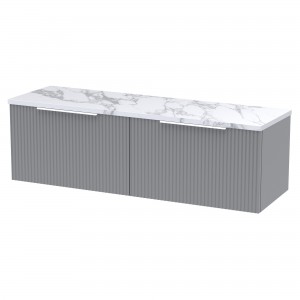Fluted 1200mm Wall Hung 2 Drawer Vanity With Carrera Marble Laminate Worktop - Satin Grey