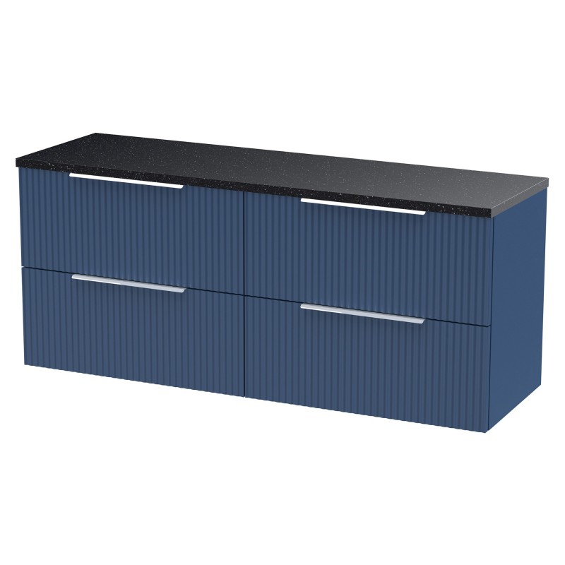 Fluted 1200mm Wall Hung 4 Drawer Vanity With Black Sparkle Laminate Worktop - Satin Blue
